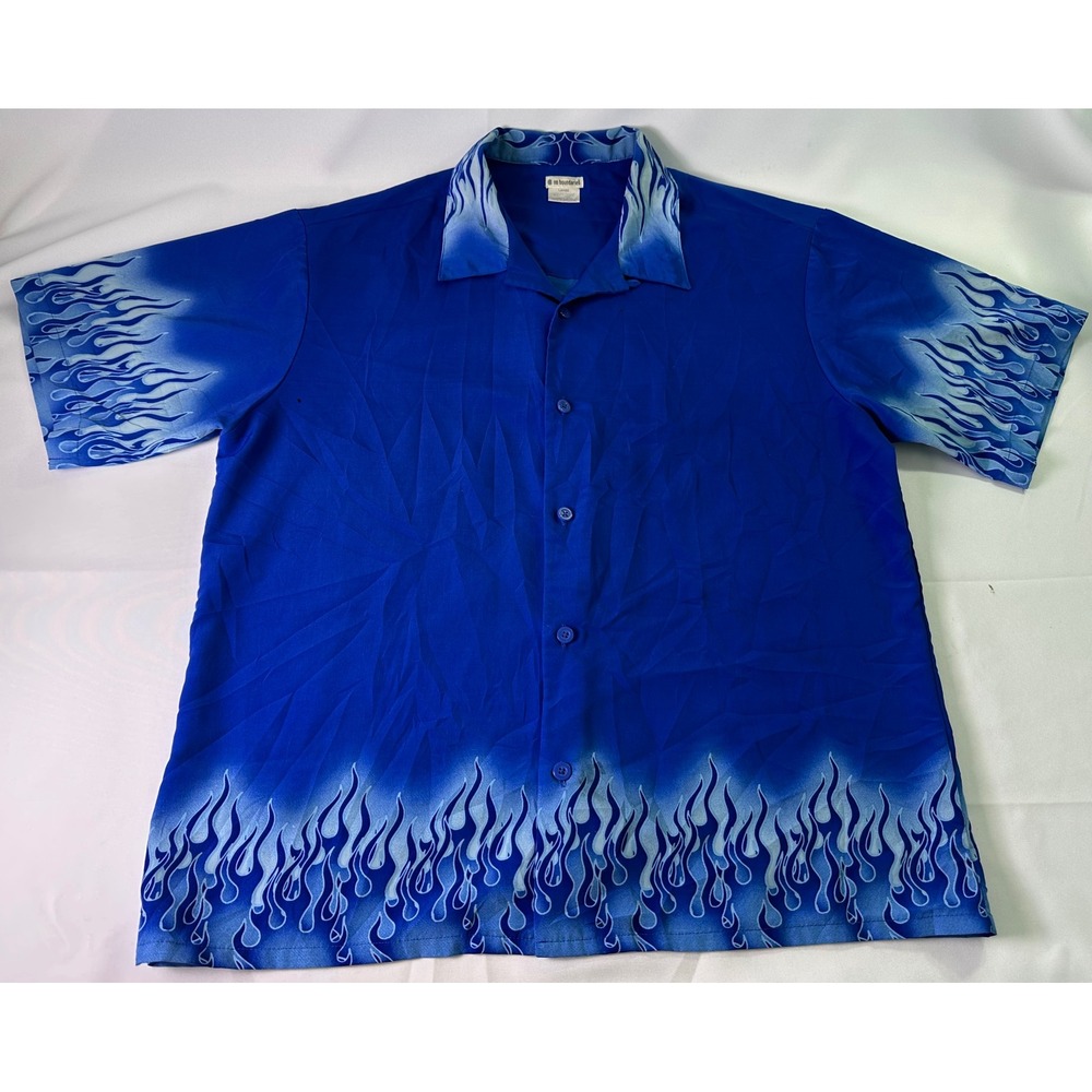 No Boundaries Y2K Flame Print Button Up Shirt Blue Fire Graphic Men's Large‎